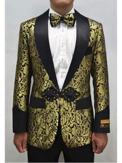 Yellow Gold Black And Grey Floral Satin Shiny Fashion Blazer Dinner Jacket  Paisley Sport Coat Flashy Stage Fancy Party Prom + Free Matching Bowtie 